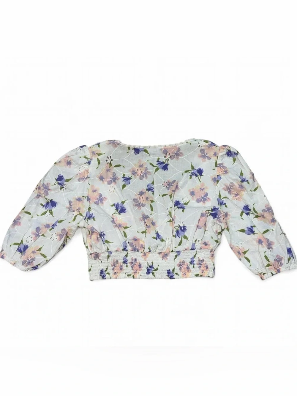 Zara Floral Lace-Trim Cropped Blouse Plunge Neck Line Size Small EUC